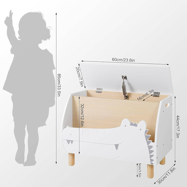 Rootz White Crocodile Toy Box - Förvaringsbänk - Organisering för barn - Säker med långsamt stängande lock - Slitstark MDF-konstruktion - Mångsidig me