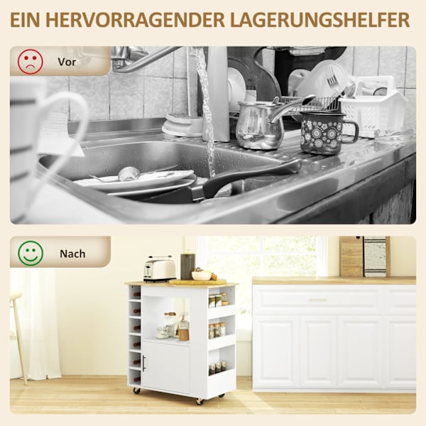 Rootz Kitchen Trolley - Rolling Island - Portable Cart - Wine Racks & Storage - Rubberwood Top - 83L X 40W X 83H CM
