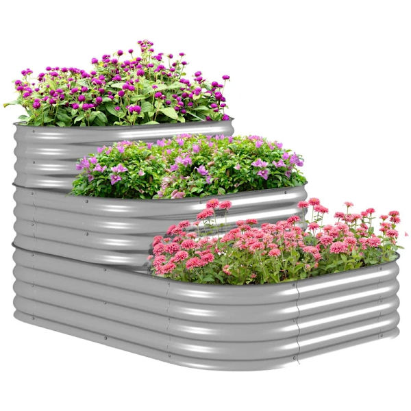 Rootz Upphöjd säng - Blomstrappa utomhus - Planteringslåda - 3 trappsteg - Trädgårdssäng - Galvaniserad metall - Silver - 158cm x 109cm x 82cm