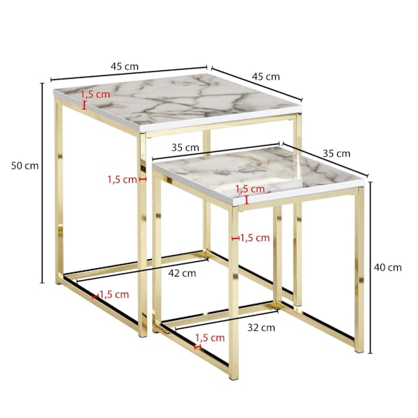 Rootz Design Side Sæt med 2 Hvid Marmor Optik Kantet - Sofabord 2-delt bordstel metal guld - Små stueborde - Moderne firkantede indskudsborde