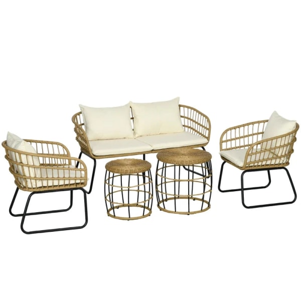Rootz Havemøbler - Sædehynder - Loungesæt - Udendørs siddegruppe - Boho Style - 5-delt sæt - PE Rattan-polyester - Creme - Naturlig - Sort - 145 X 70