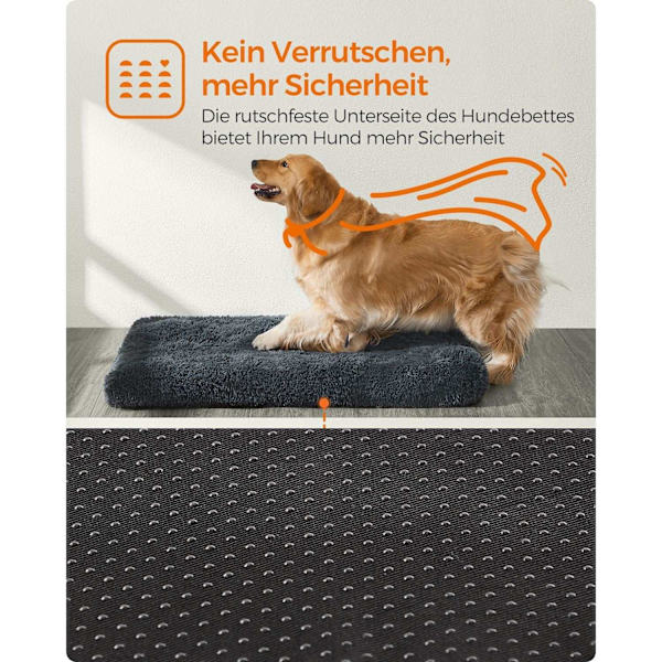 Rootz mørkegrå hundeseng - kæledyrsmåtte - polstret seng - PV plysmateriale - PP-fyld - gummiknopper stof - 122 cm x 74 cm - 10 cm tykkelse - letvægts
