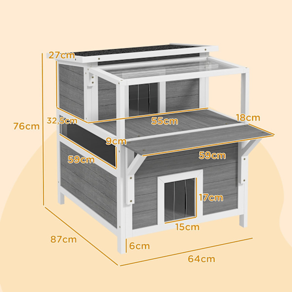Rootz 2 -Tier Cat House parvekkeella - säänkestävä kissansuoja - ulkokissan retriitti - kuusen puu ja vedenpitävä maali - 64 cm x 87cm x 76 cm