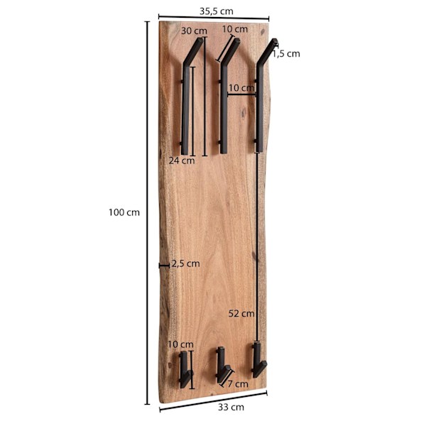 Rootz design knagerække akacie massivt træ - metal 35,5 x 100 x 11 cm - Krogestang 2-rækket hall knagerække væg - Garderobe træ