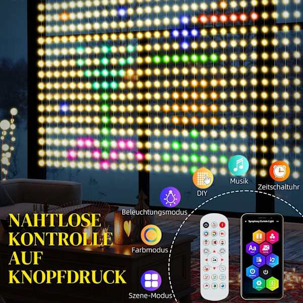 Rootz -gardin med 400 LED -lampor - Stringljus - Dynamisk belysning - Musiksynkronisering - Wi -Fi -kontroll - 300 cm x 300 cm