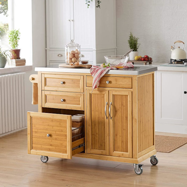Rootzin keittiön säilytysvaunu - Kitchen Island - Keittiökaappi - Kaappi - Senkki, jossa ruostumattomasta teräksestä valmistettu kansi