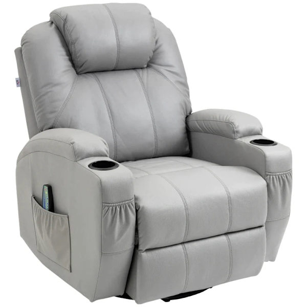 Rootz Massagestol - Fodstøtte - 2 kopholdere - 8 vibrationspunkter - 5 tilstande - Inklusiv fjernbetjening - Imiteret læder - Lysegrå - 89L x 99W x 10