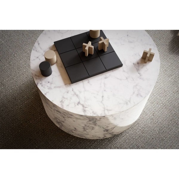 Rootz Elegant soffbord - Runt bord - Marmorlook - Vit - Fjärrkontrollförvaring - Mångsidig design - Repskydd - 60cm x 60cm x 30cm