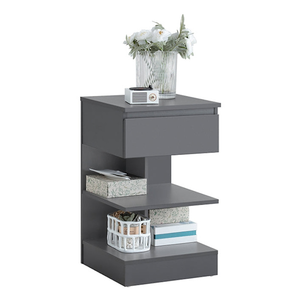 Rootz Sengebord - Natbord - Sidebord - Kommode - Rummelig opbevaring med 3 hylder og skuffe - Kompakt design Passer til smalle rum - Nem montering - G