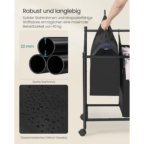 Rootz 4-Bag pyykinlajittelija - Vaatteiden järjestäjä - Irrotettavat laukut - Raskas rakenne - 105 cm x 38,5 cm x 81 cm