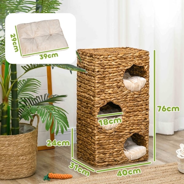 Rootz Cat Tower - Kattskrapstolpe - Cat Condo - Vattenhyacint - Flernivåer - Tvättbara kuddar - 40cm x 31cm x 76cm