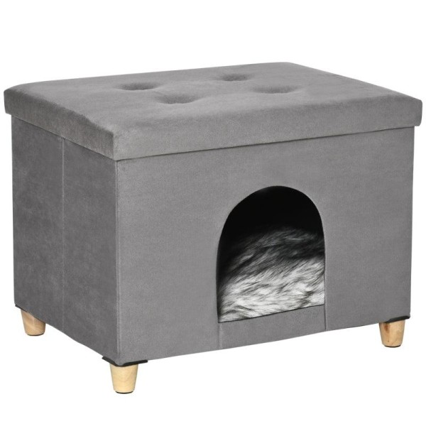 Rootz Cat Cave - Katthus - Kattkorg - 2-i-1 Cat Cave - Med kudde - Träben - Grå - 60 x 45 x 44,5 cm