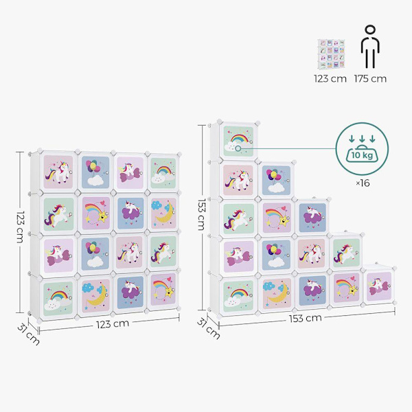 Rootz børnegarderobe - Kids Cube Opbevaringssystem - Garderobe med døre - Gør det selv opbevaringsskab - Hvid - 153 x 31 x 153 cm