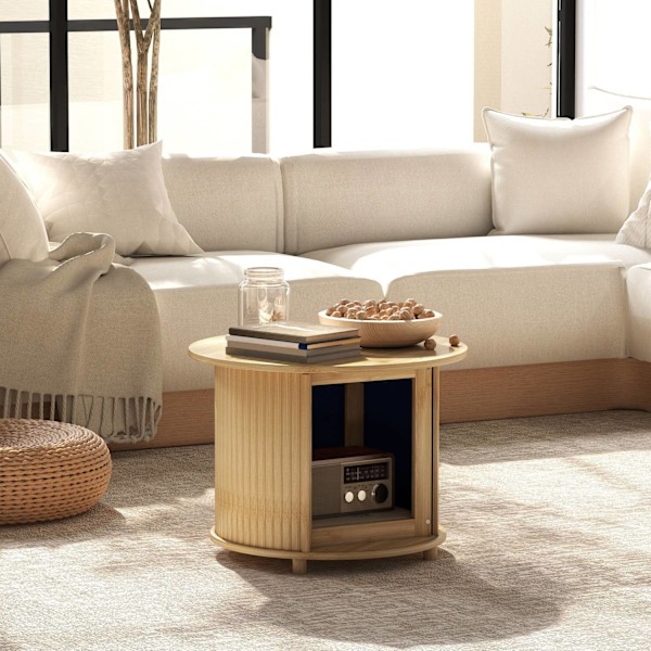Rootz Round Side Table - Kaffe Round Table - Bambu Sofa Table - Dold förvaring, skjutdörr - Ø60 x 45 cm, har 20 kg