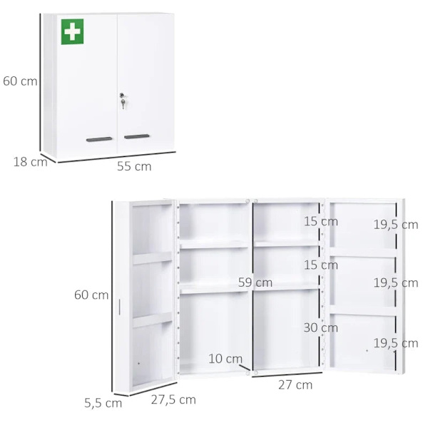 Rootz Medicinskab - 6 indvendige rum - Låsbar - 2 døre - Robust stålhus - Hvid - 55 x 18 x 60 cm