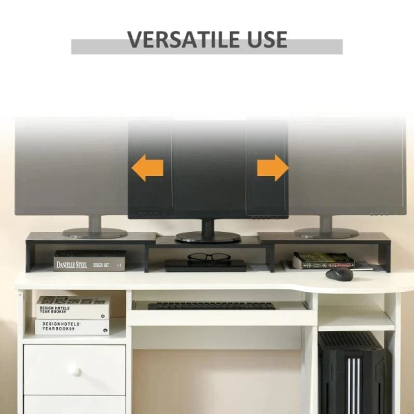 Rootz-skærmstativ - 3 hylder - Længdevinkeljusterbar - Dobbeltskærmstativ - Træhylde - Skærmholder til computer - Sort - 80-117 x 23,5 x 10 cm
