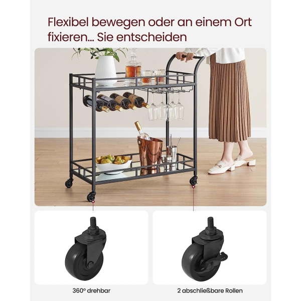 Rootz Black Steel Mirrored Glass Trolley - Barvagn - Serveringsvagn - Heavy Duty - Rymliga hyllor - Enkel montering - 38cm x 80cm x 77,5cm