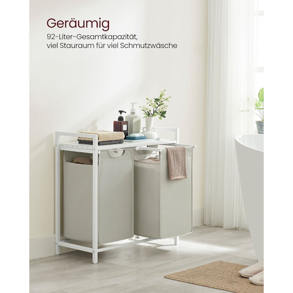 Rootz White Tvättkorg med Hylla - Korgar - Förvaringsorganisator - MDF-stålkonstruktion - Oxford tygpåsar - 73cm x 33cm x 72cm - 30kg Kapacitet - Utry