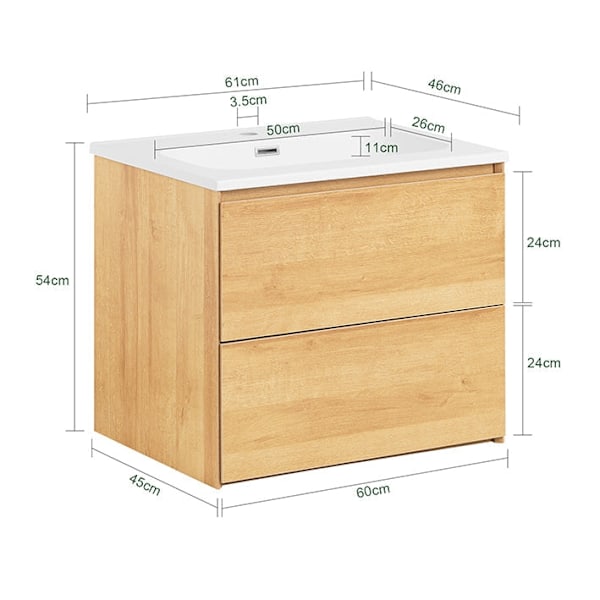 Rootz Badeværelsesvaskenhed - Vanity Cabinet - Badeværelsesopbevaring - Vægmonteret - Antirot -design - 61x54x46cm