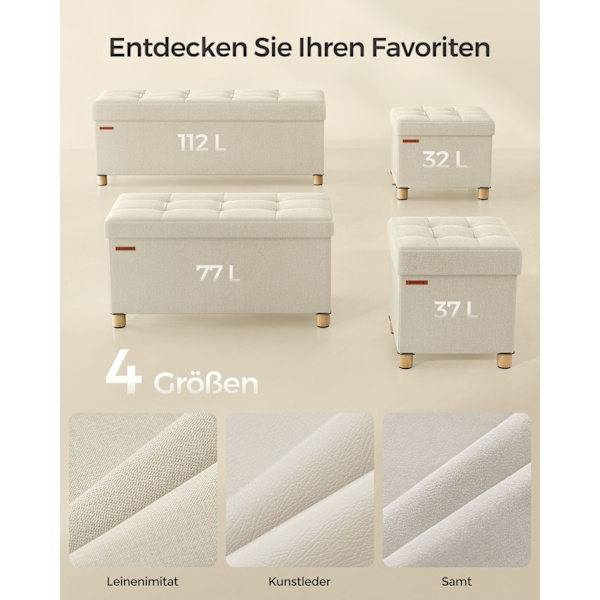 Rootz Storage Ottoman - Jalkatuki - Pehmustettu jakkara - MDF-kangas - 25D Foam - 32cm x 40cm x 33,5cm - Kermanvalkoinen