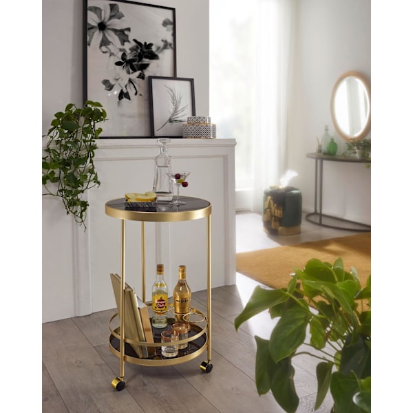 Rootz designvogn guld rund Ø 45cm 2 plan - Sidebord på hjul med glasplade Sort spisevogn - Køkkenvogn - tevogn