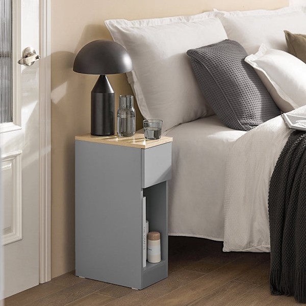 Rootz Modern Sengebord Sæt med 2 - Sofabord - Sidebord - Lysegrå - med skuffe og åbent rum - Stabil med skridsikre puder - 20 cm x 60 cm x 35 cm