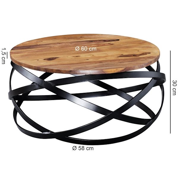 Rootz sofabord 60x30x60 cm Sheesham massivt træ - metal sofabord - Design stuebord rundt - Stuebord industribrun - Designer træbord sofabord massivt -