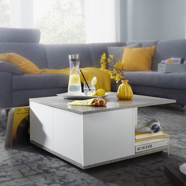 Rootz Soffbord - Soffbord - Fyrkantigt - 2 lådor - Förvaringsfack - På hjul - Vit - Cementgrå - Bearbetat trä - 70 x 70 cm