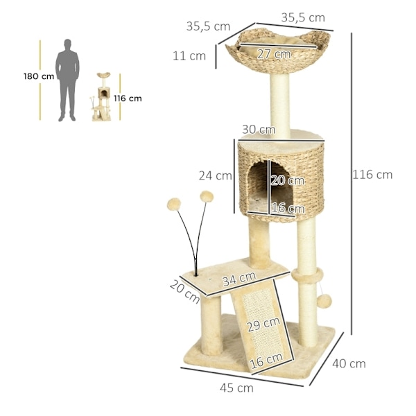 Rootz Cat Tree Tower - Kradsestolpe - Klatrestativ - Cat Condo - Sisal rebstolpe - 45cm x 40cm x 116cm