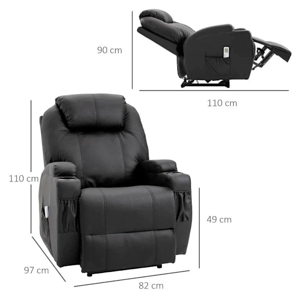 Rootz Massagestol - Elektrisk avslappningsstol - Tv-stol - Massagefunktion - Liggfunktion - Konstläder - Trä - Metall - Skum - Svart - 82 x 97 x 110 c