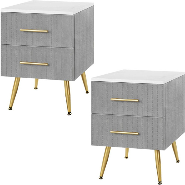 Rootz sengebord - natbord - sidebord - marmoreret top - fløjl - stort opbevaringsrum - 40,5 cm x 51 cm x 41 cm - pink og grå