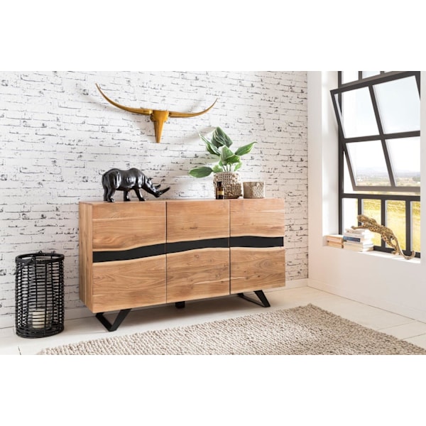 Rootz skænk 148 x 85 x 43 cm massiv træ akacie skænk i naturtrækant - Highboard i landlig stil med 3 døre - Kommode i entre