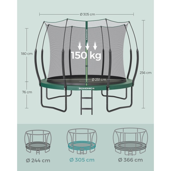 Rootz 12ft studsmatta med skyddsnät - Jungle Green - Utomhusstudsmatta - Galvaniserat stålstomme - Glasfiberstolpar - 305cm x 256cm x 76cm - Maxbelast