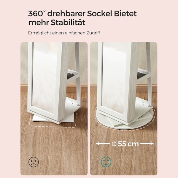 Rootz spejl- og smykkeskab - Stående spejl - Opbevaringsskab - Roterende ramme - MDF-plade - 54cm x 161cm x 54cm