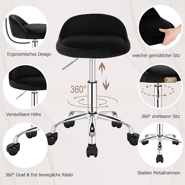 Rootz justerbar sammetskontorspall - Skrivbordsstol - Vridbar pall - Snygg, bekväm, ergonomisk - Höjd 53-65,5 cm - Sits 30x30 cm