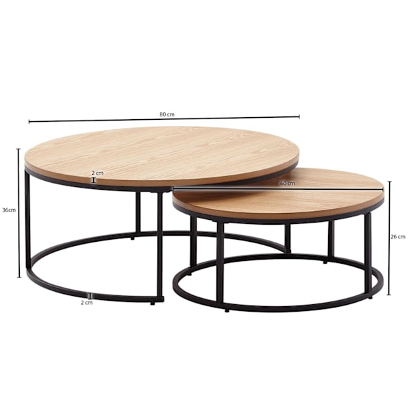 Rootz sofabord sæt af 2 træ - metal sofabord rund eg moderne - Design sidebord 2-delt - Runde stueborde - Træbord indskudsborde
