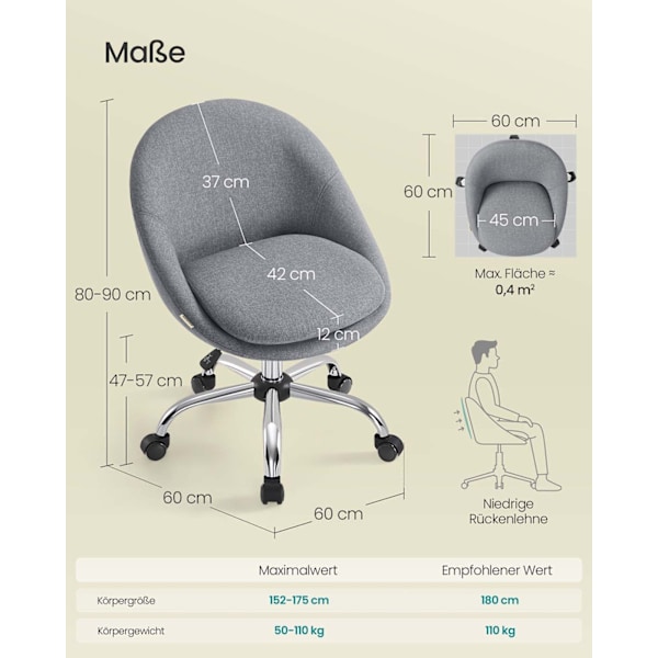 Rootz hjemmekontorstol - drejelig skrivebordsformand - Ergonomisk opgavestol - Komfortpolstring - 60x60x80-90 cm grå