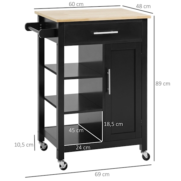 Rootz Kitchen Trolley With Wheels - Servering Trolley - Storage Cart - Easy Mobility - 69W X 48D X 89H CM