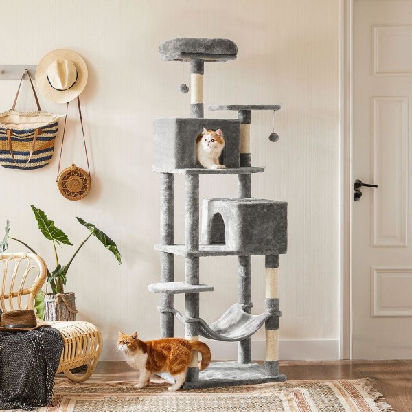 Rootz skrapstolpe - Kattskrapstolpe - Kattträdskrapstolpe - Golvstående skrapstolpe - Med hål - Ljusgrå - 60 x 49 x 191 cm