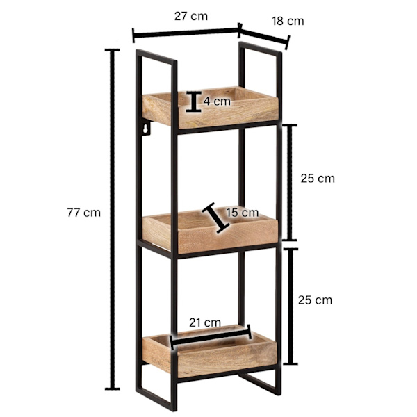 Rootz Modern Industrial Væghylde - Flydende hylde - Dekorativ hylde - Massivt træ og metal - Tre opbevaringsområder - Håndlavet - 27 cm x 77 cm x 18 c