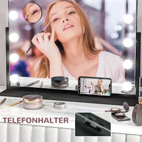 Rootz LED Hollywood Makeup Mirror - Sminkspegel - Sminkspegel - Bordsspegel - 14 LED-lampor - Justerbar ljusstyrka - Mobiltelefonhållare - USB-port -