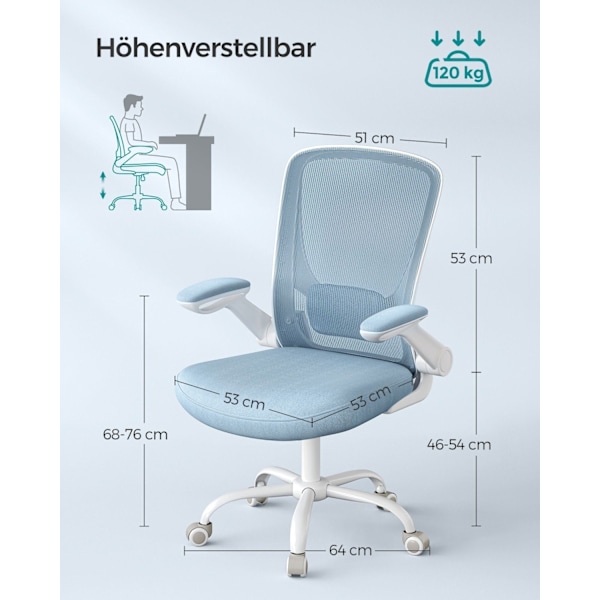 Rootz Mist Blue Ergonomisk kontorsstol - Skrivbordsstol - Snurrstol - Plastskum Nylonstål - Justerbar höjd - Svankstöd - Material som andas - 64cm x 6