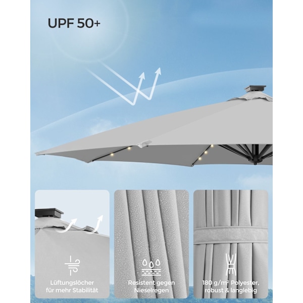 Rootz Cantilever Paraply - Uteplatsparaply - Utomhusparaply - Stålram - 180 g/m2 Polyester - Ø 300cm - 240cm Höjd - Dove Grey - 15,3kg - Solpanel - Cr