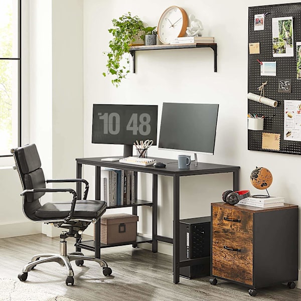 Rootz sort computerbord med hylder - Kontorbord - Arbejdsstation - Spånplade og stål - 120 cm x 60 cm x 75 cm