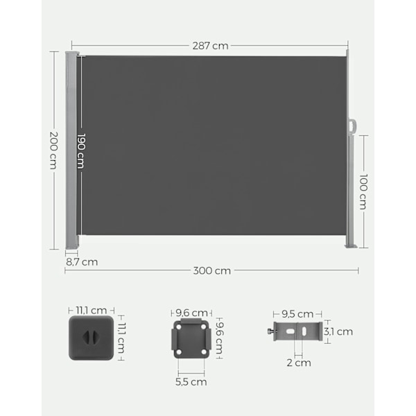 Rootz Sidefortelt - Udendørsskærm - Solskærm - 200x300cm - Antracitfarve - Holdbart stål - UV-resistent - 8,9 kg - 220g/m² polyester