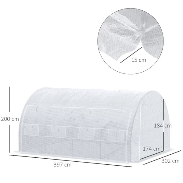 Rootz Tunnel Drivhus - Walk-in Grow House Telt - Roll Up Walls - Zip dør - Galvaniseret stålramme - Forstærket dæksel - Hvid - 4x3x2m