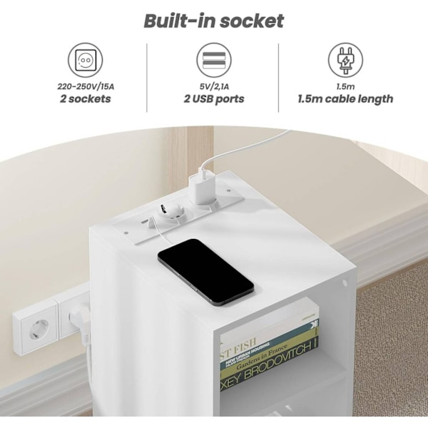 Rootz sengebord med strømskinne - Natbord - Ladestation - Opbevaringsplads - 25 cm x 60 cm x 30 cm