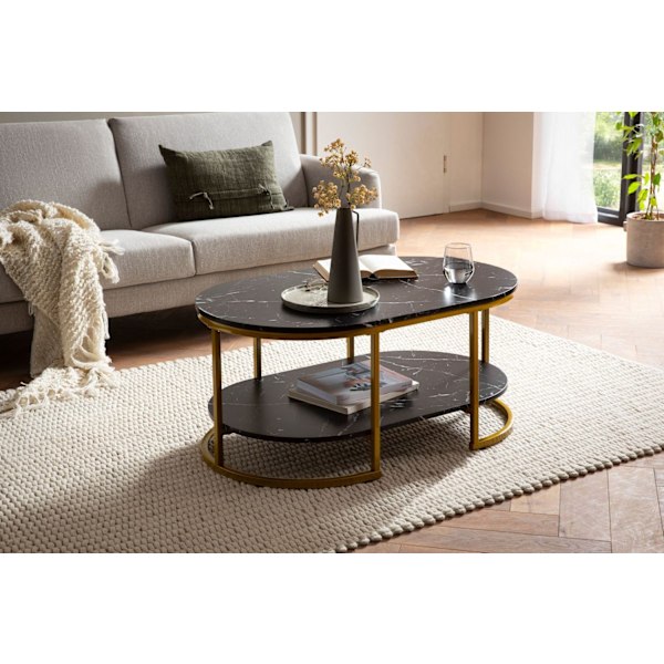 Moderne rektangulært sofabord - Sort og guld - Marmorlook - Afrundede hjørner - 100 cm x 60 cm x 45 cm - Opbevaringsområde - Robust metalstel - Elegan