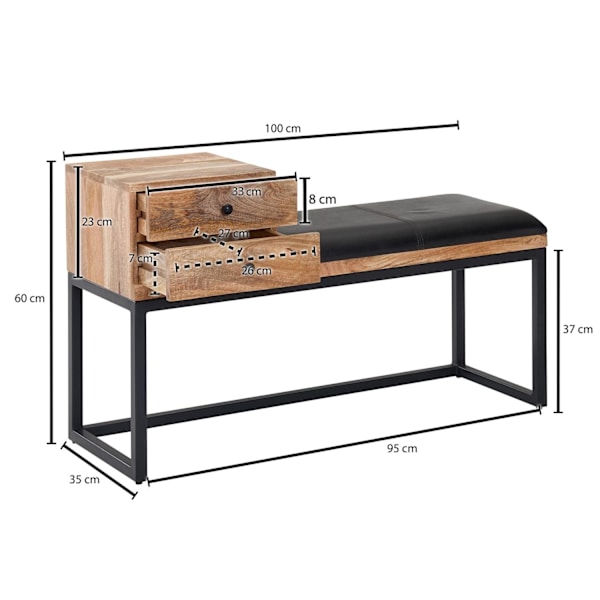 Rootz bänk getskinn - massivträ bänk 100x60x35 cm i retrostil - Hall klädd bänk metall med förvaringsutrymme - Vadderat läder bänk förvaring svart - L