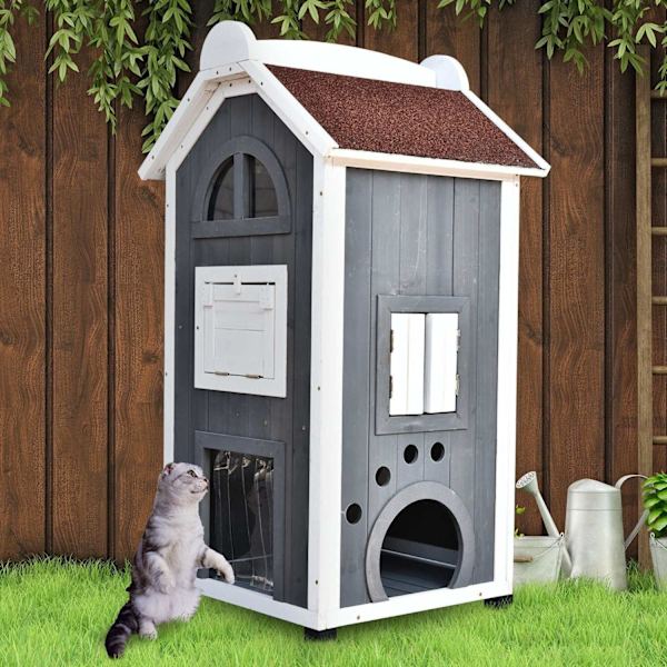 Rootz Cat House - Grå, Vit - Ved, Asfalt - 23,22 cm x 21,65 cm x 42,91 cm